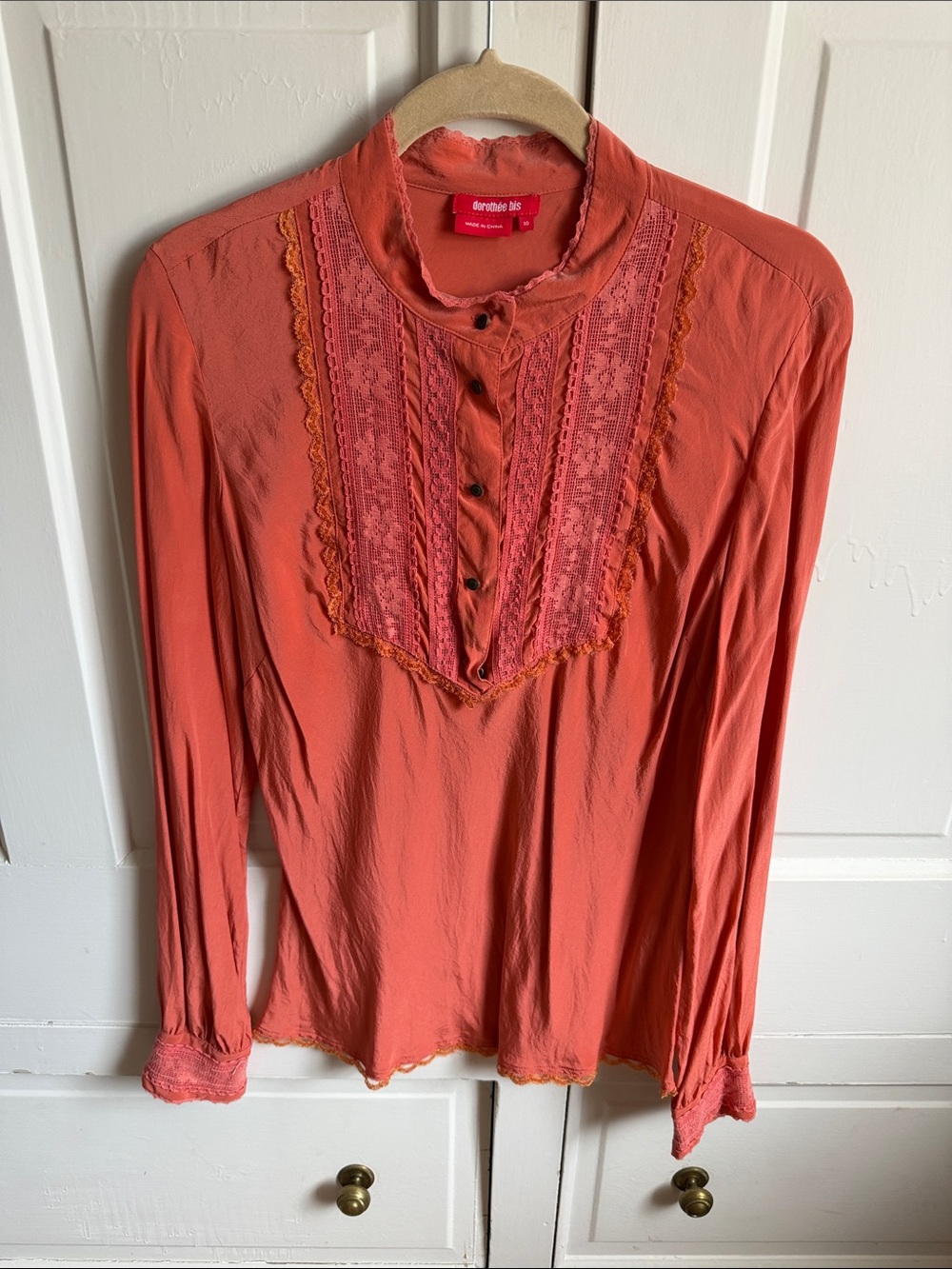 Dorothee bis Silk Coral Lace-Trim Button Down Blouse